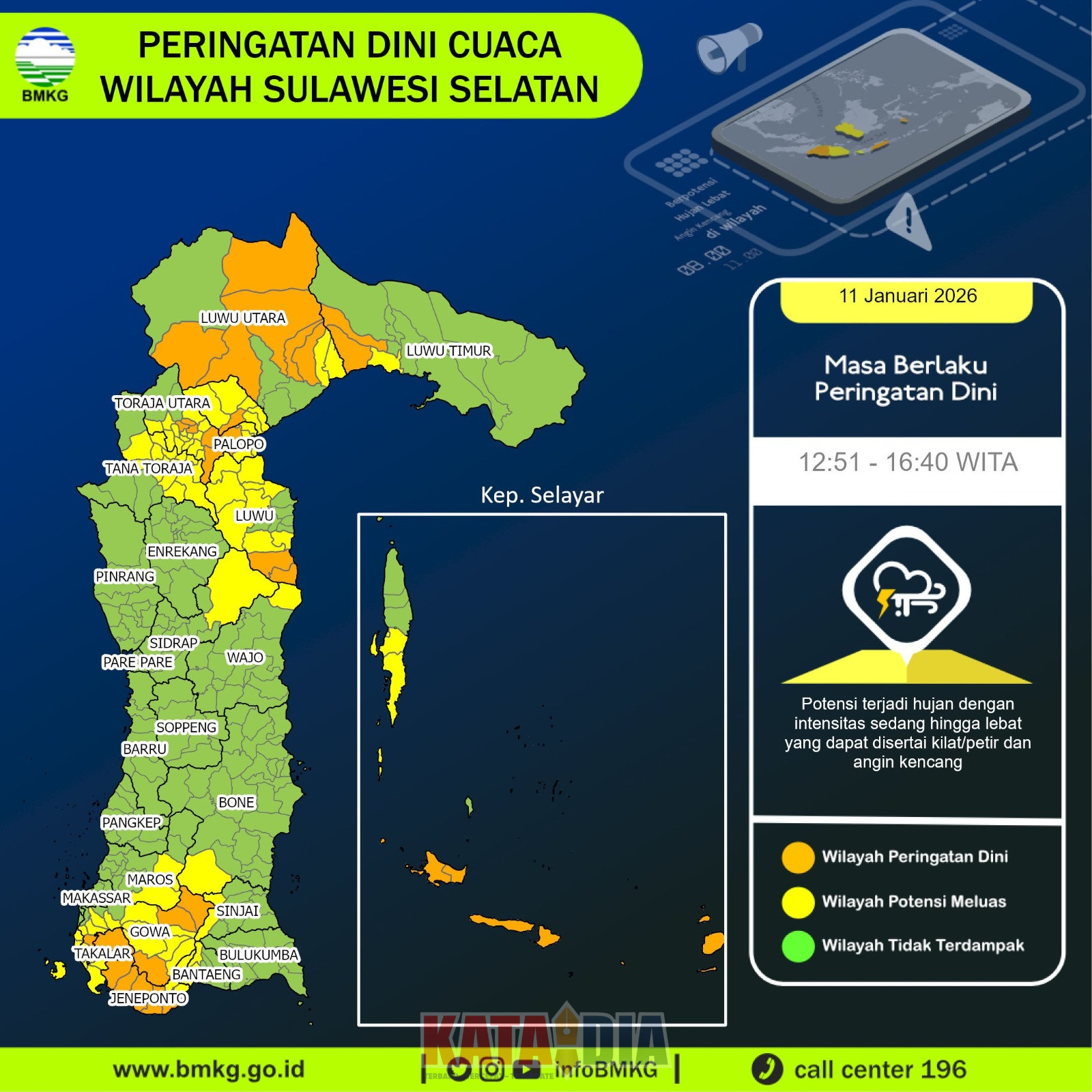 Badan Meteorologi, Klimatologi, dan Geofisika (BMKG) mengeluarkan peringatan dini cuaca untuk wilayah Sulawesi Selatan