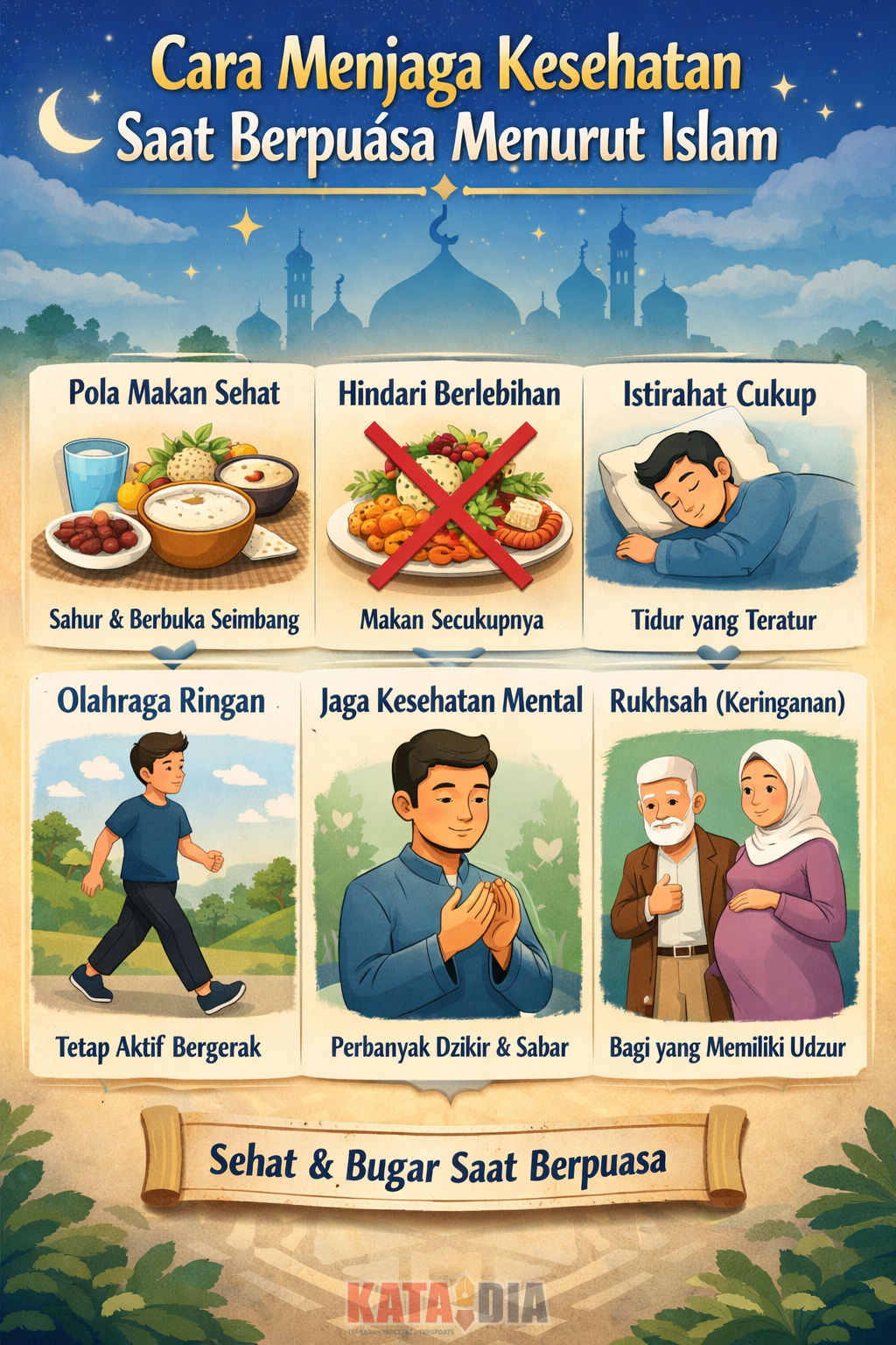 Puasa Ramadan bukan sekadar menahan lapar dan dahaga, tetapi juga momentum memperbaiki kualitas spiritual dan fisik. Dalam ajaran Islam, menjaga kesehatan saat berpuasa menjadi bagian dari ikhtiar menjalankan ibadah secara optimal, tanpa mengabaikan prinsip keseimbangan (wasathiyah).