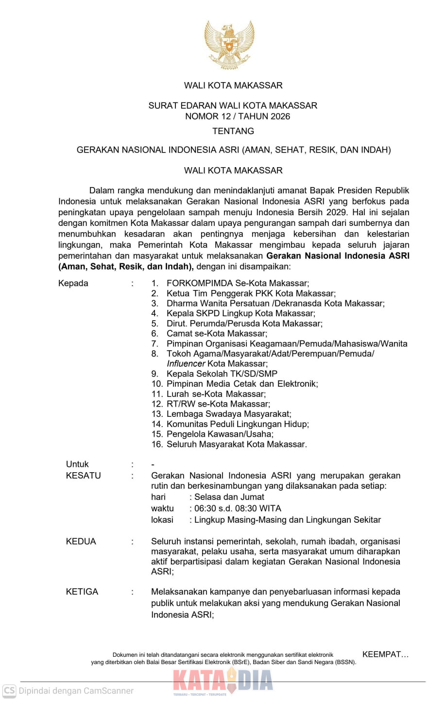 Wali Kota Makassar, Munafri Arifuddin, resmi menerbitkan Surat Edaran Nomor 12 Tahun 2026 tentang Gerakan Nasional Indonesia ASRI (Aman, Sehat, Resik, dan Indah).