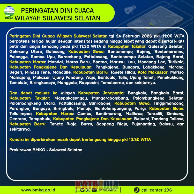 Badan Meteorologi, Klimatologi, dan Geofisika (BMKG) mengeluarkan peringatan dini cuaca untuk wilayah Sulawesi Selatan,
