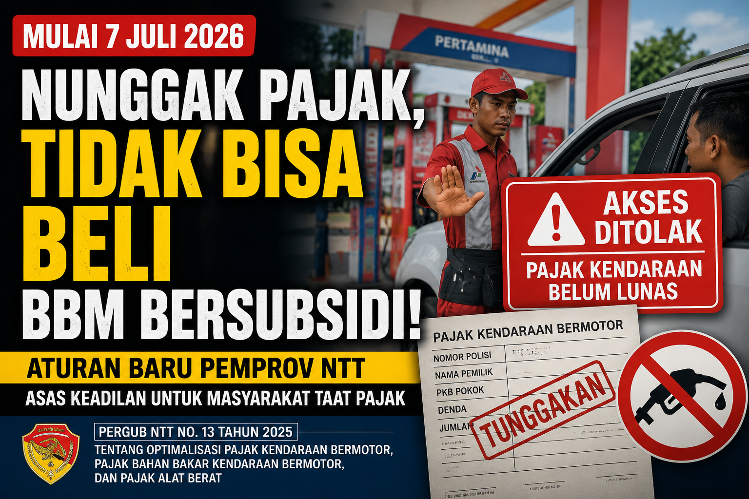 Pemerintah Provinsi Nusa Tenggara Timur (NTT) resmi memberlakukan kebijakan yang melarang kendaraan yang masih menunggak Pajak Kendaraan Bermotor (PKB) membeli bahan bakar minyak (BBM) bersubsidi mulai Selasa (7/7/2026).
