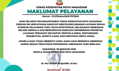 Dinas Kesehatan (Dinkes) Kota Makassar secara resmi menerbitkan Maklumat Pelayanan Nomor: 51.1/Dinkes/400.7/I/2026 s