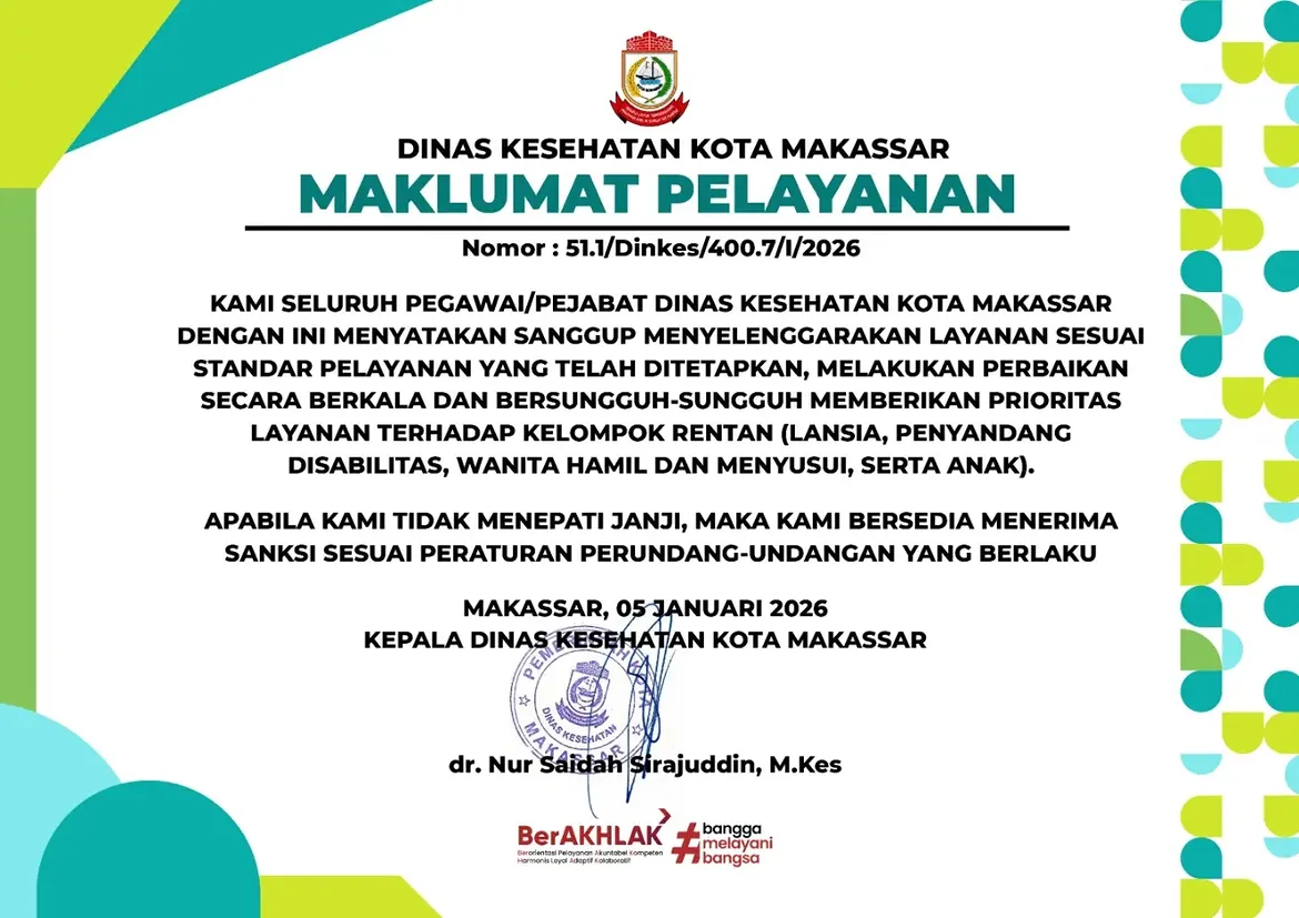 Dinas Kesehatan (Dinkes) Kota Makassar secara resmi menerbitkan Maklumat Pelayanan Nomor: 51.1/Dinkes/400.7/I/2026 s