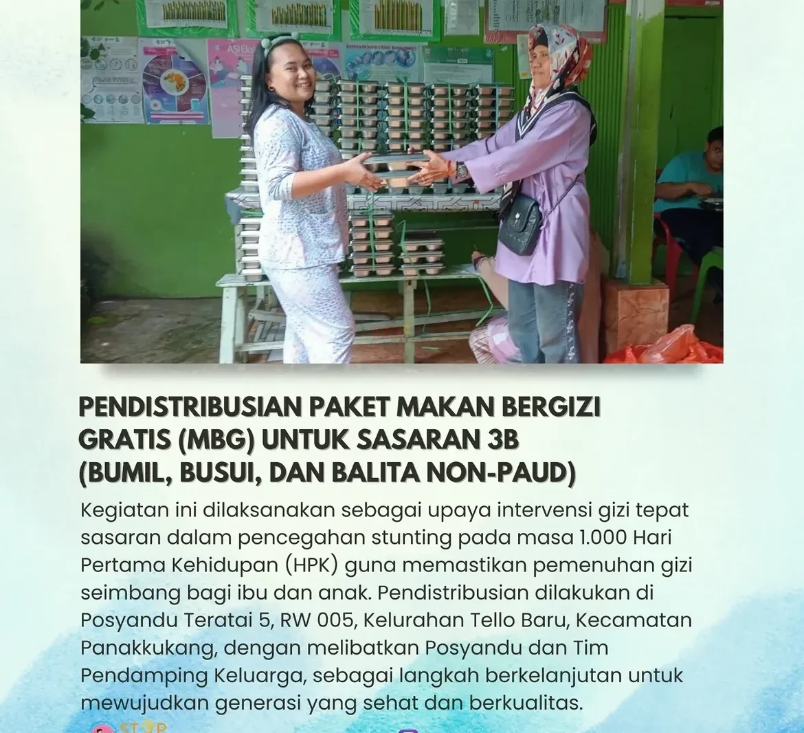 Dinas Pengendalian Penduduk dan Keluarga Berencana (DPPKB) Kota Makassar terus memperkuat upaya percepatan penurunan stunting melalui pendistribusian Paket Makan Bergizi Gratis (MBG) bagi sasaran 3B, yakni ibu hamil (bumil), ibu menyusui (busui), dan balita non-PAUD.