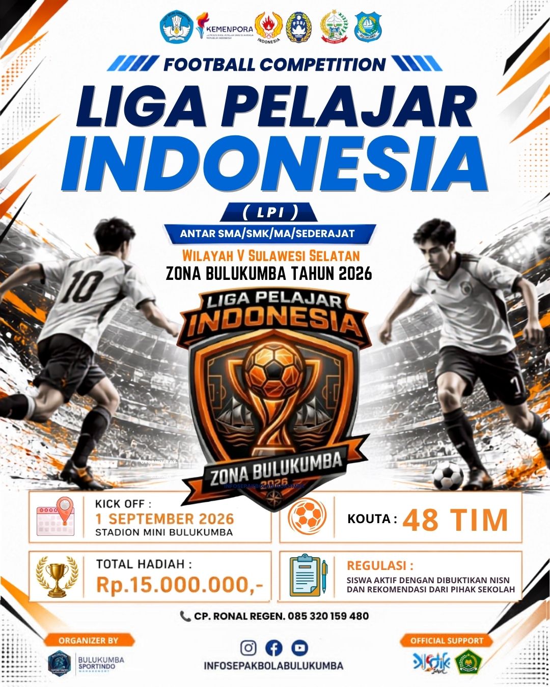 Liga Pelajar Indonesia (LPI) Volume IV Zona Bulukumba tingkat SMA/SMK/sederajat akan mulai bergulir pada 1 September 2026.