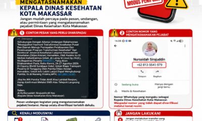 Dinas Kesehatan (Dinkes) Kota Makassar mengimbau masyarakat untuk mewaspadai aksi penipuan yang mengatasnamakan Kepala Dinas Kesehatan Kota Makassar, dr. Nursaidah Sirajuddin, M.Kes.