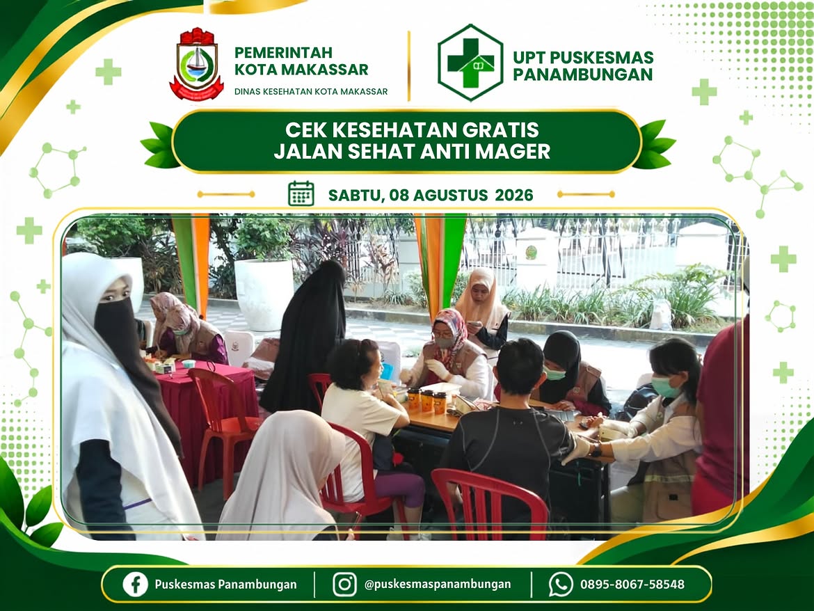 UPT Puskesmas Panambungan menghadirkan Cek Kesehatan Gratis dalam kegiatan Jalan Sehat Anti Mager di Jalan Sultan Hasanuddin, Makassar, Sabtu (8/8/2026).