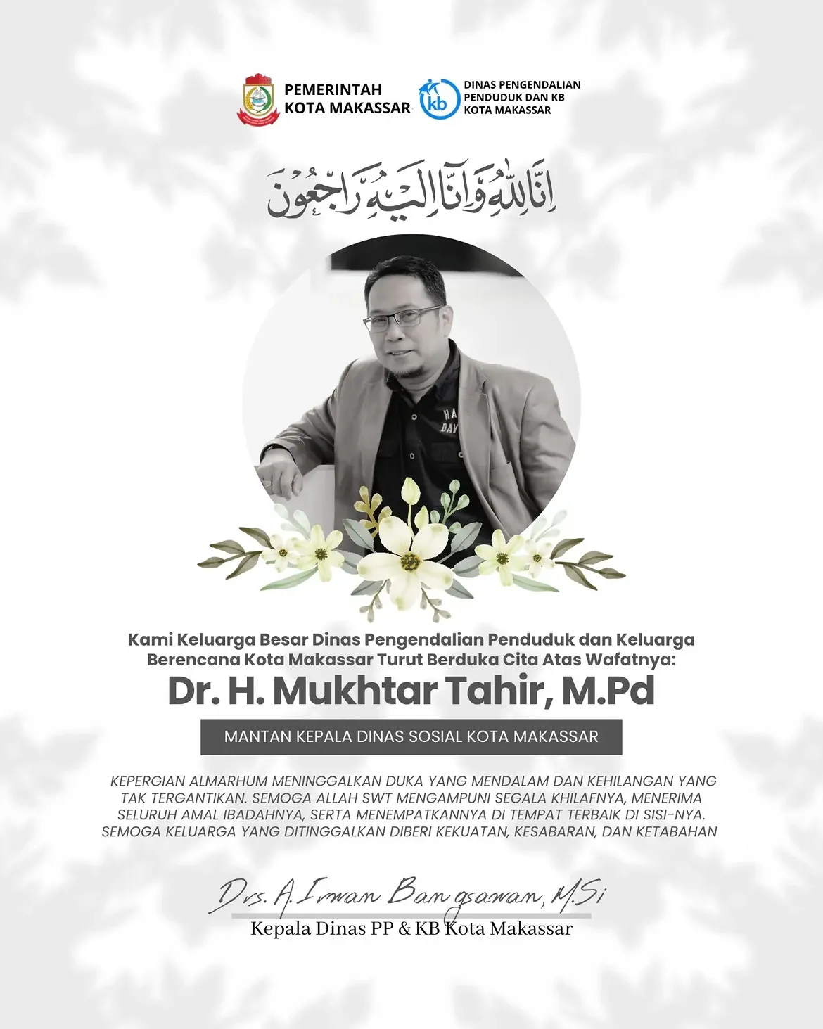 Kepala Dinas Pengendalian Penduduk dan Keluarga Berencana (DPPKB) Kota Makassar, A. Irwan Bangsawan,