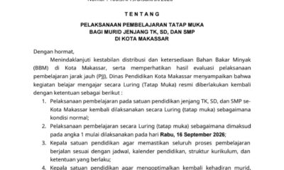 Disdik Makassar menghentikan pembelajaran jarak jauh (PJJ) setelah distribusi dan ketersediaan BBM mulai stabil. Murid TK, SD, dan SMP kembali tatap muka mulai 16 September 2026.