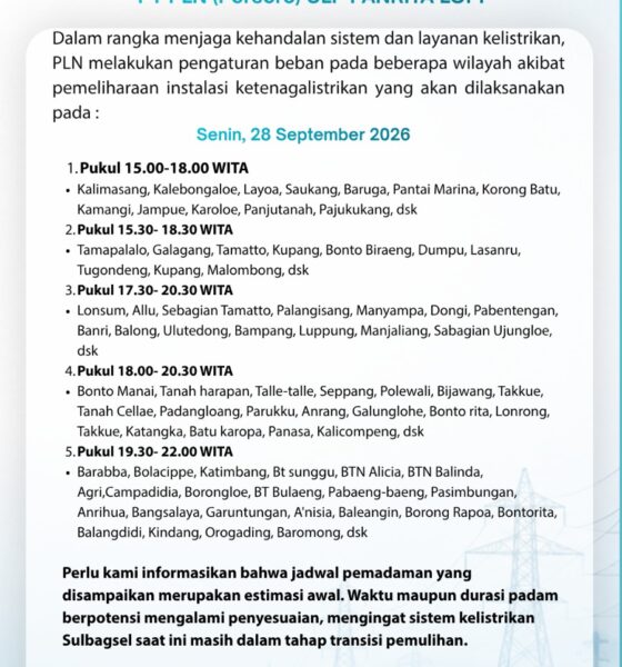 PLN ULP Panrita Lopi mengumumkan jadwal pengaturan beban listrik pada Senin, 28 September 2026 di sejumlah wilayah. Simak waktu dan daerah terdampak.