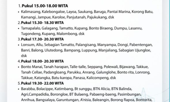 PLN ULP Panrita Lopi mengumumkan jadwal pengaturan beban listrik pada Senin, 28 September 2026 di sejumlah wilayah. Simak waktu dan daerah terdampak.