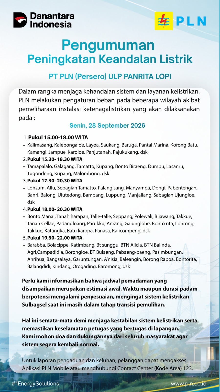 PLN ULP Panrita Lopi mengumumkan jadwal pengaturan beban listrik pada Senin, 28 September 2026 di sejumlah wilayah. Simak waktu dan daerah terdampak.