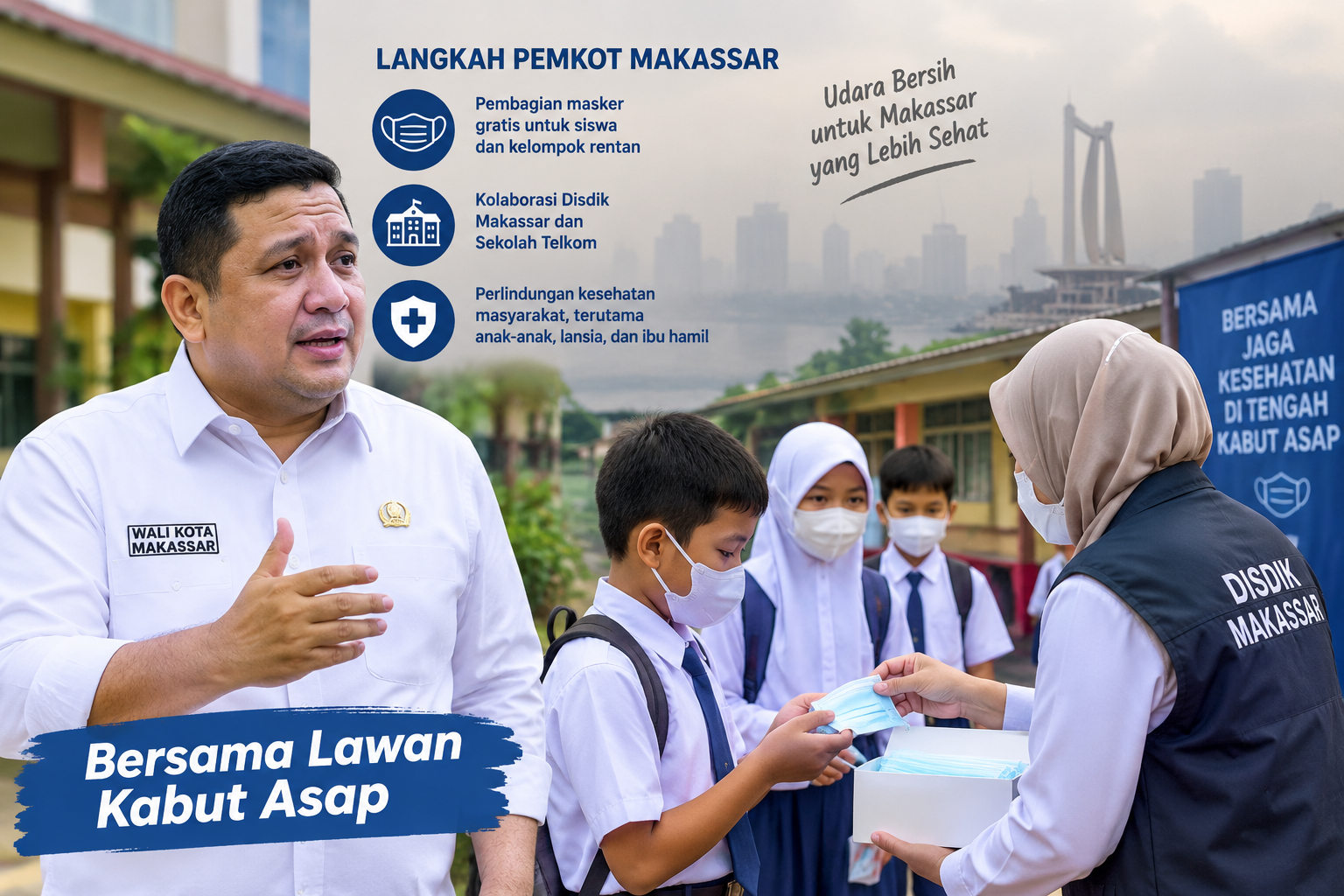 Wali Kota Makassar Munafri Arifuddin atau Appi menginstruksikan pembagian masker gratis bagi siswa dan kelompok rentan menyusul kabut asap dan penurunan kualitas udara. Disdik Makassar menggandeng Sekolah Telkom untuk melindungi kesehatan peserta didik.