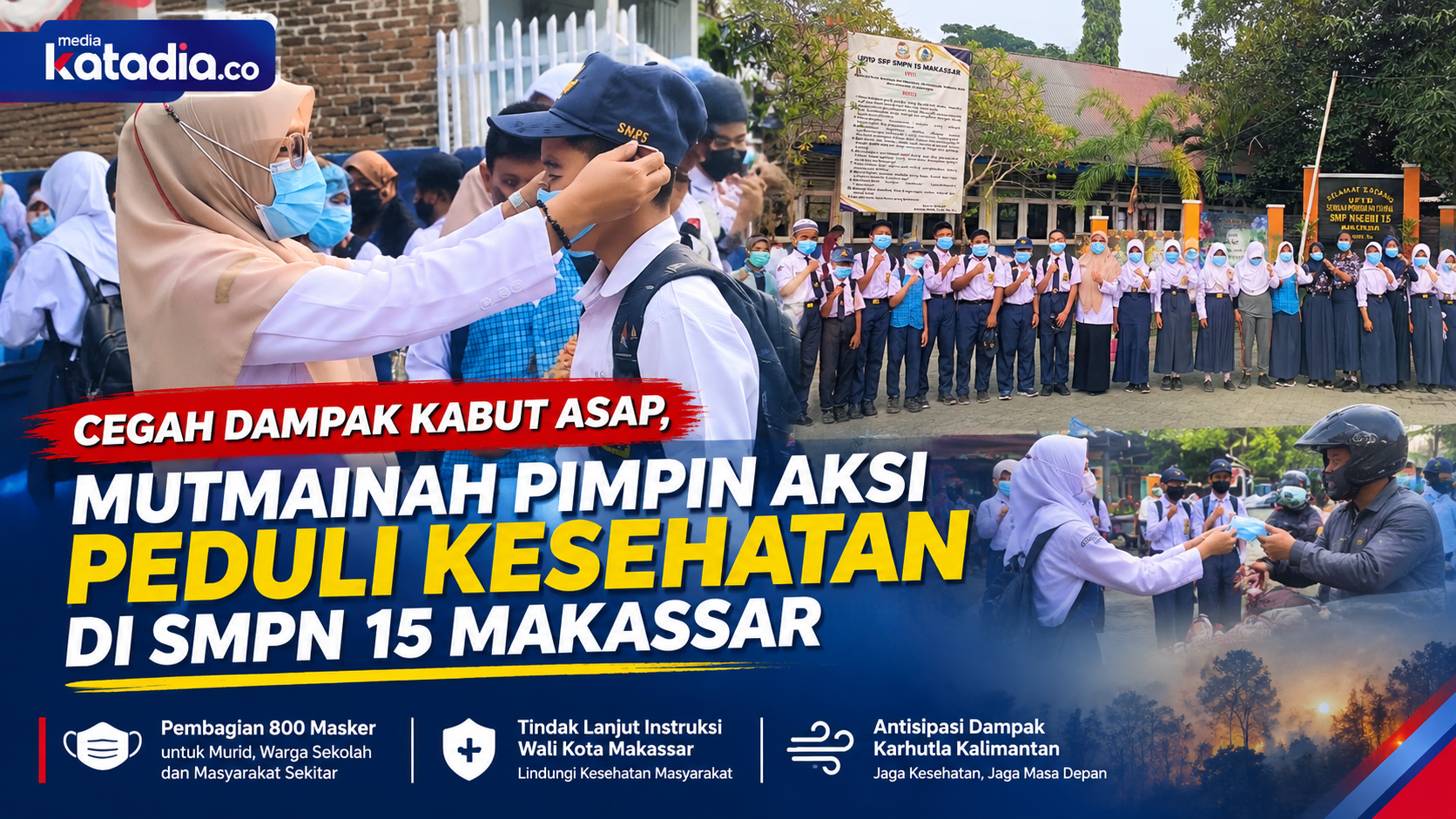 UPTD SPF SMP Negeri 15 Makassar membagikan sekitar 800 masker kepada murid dan masyarakat sebagai tindak lanjut instruksi Wali Kota untuk mengantisipasi dampak kabut asap.