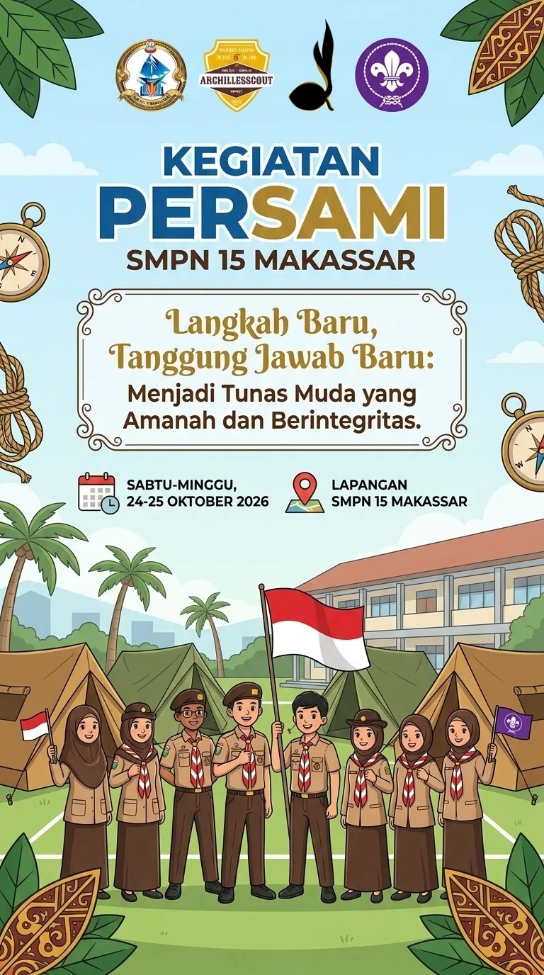 UPTD SPF SMP Negeri 15 Makassar menggelar PERSAMI 2026 pada 24–25 Oktober dengan tema membentuk generasi muda yang disiplin, mandiri, amanah, dan berintegritas.